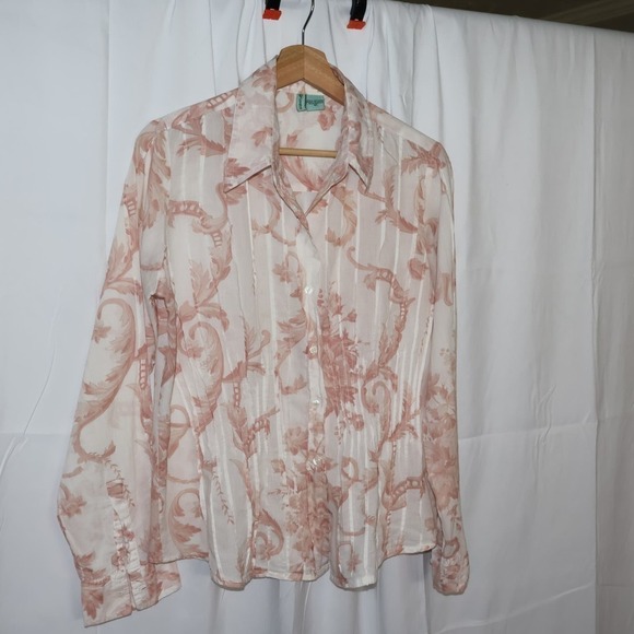 LovePotion Blouse, Medium Wormen Light Cotton Peach and White Button Down, - Picture 1 of 14